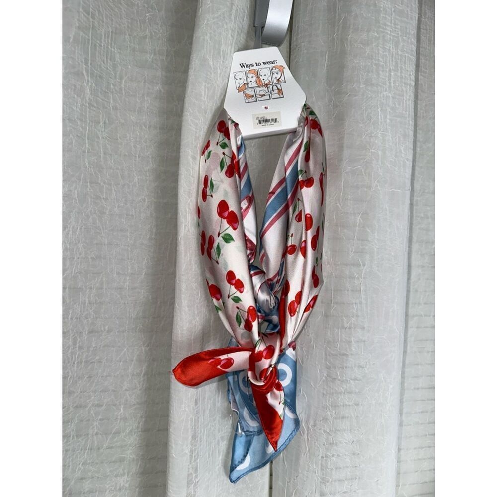 LA VALENTINA White Red Cherry Coastal Shell Blue Neck Head Bandana Scarf Set x 2